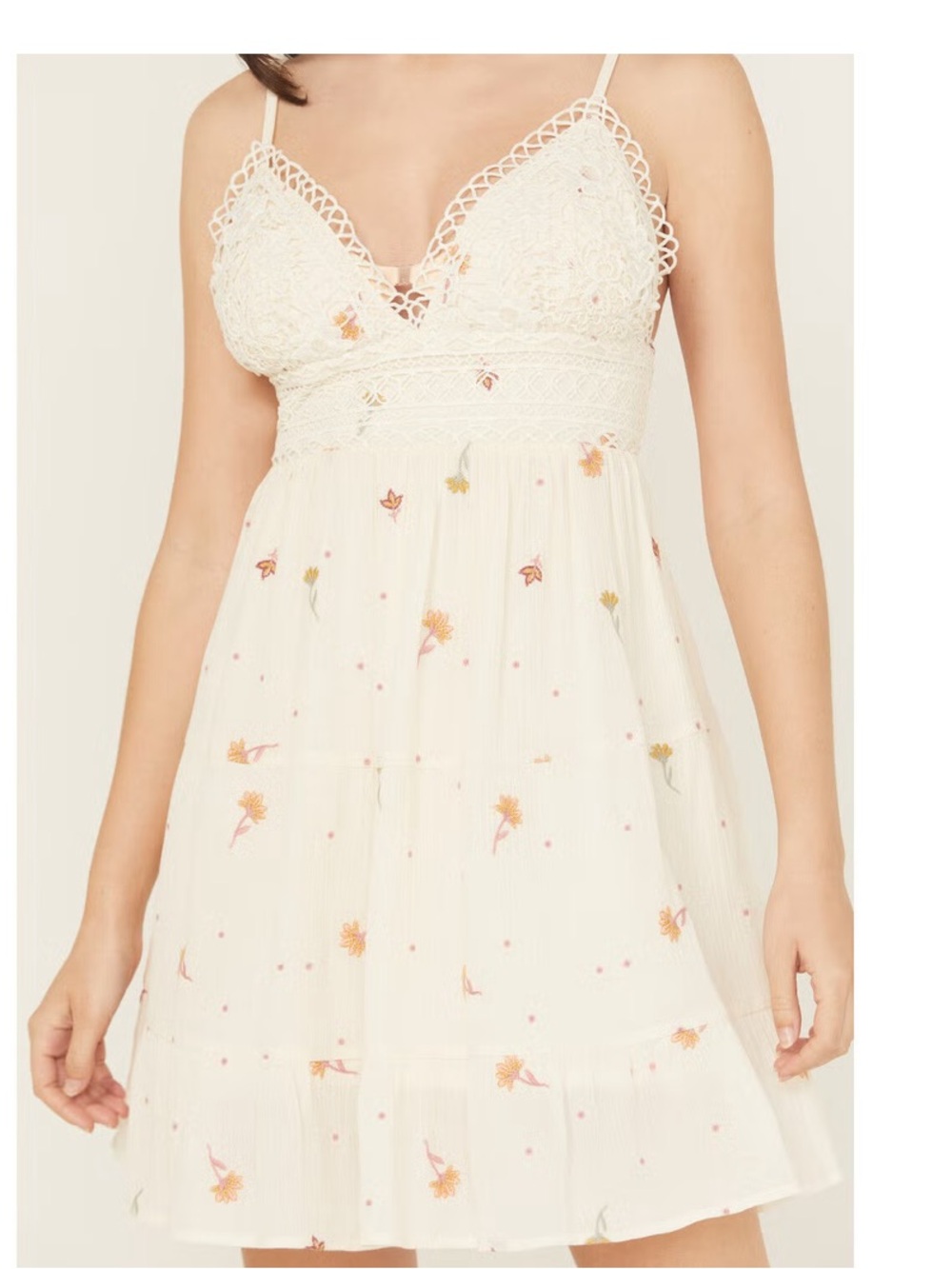 Boot Barn A.Tap Crocheted Top Embroidered Floral Mini Dress. Size Large. - Picture 3 of 16
